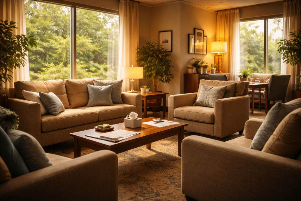The image depicts a professional office setting designed for counseling sessions, featuring comfortable seating and ample natural light, creating a warm atmosphere suitable for discussions about child custody evaluations and parenting responsibilities. This environment is conducive to addressing custody disputes and fostering communication between parents as part of the evaluation process.