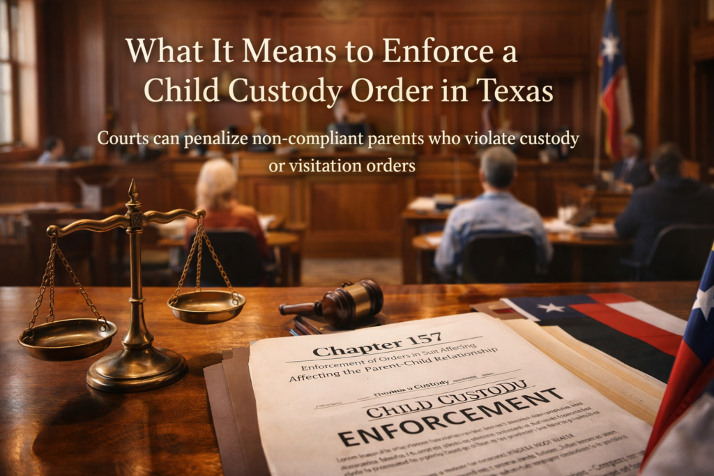 Wide-angle view of a Texas courtroom with scales of justice and custody enforcement documents in the foreground, symbolizing child custody order enforcement proceedings