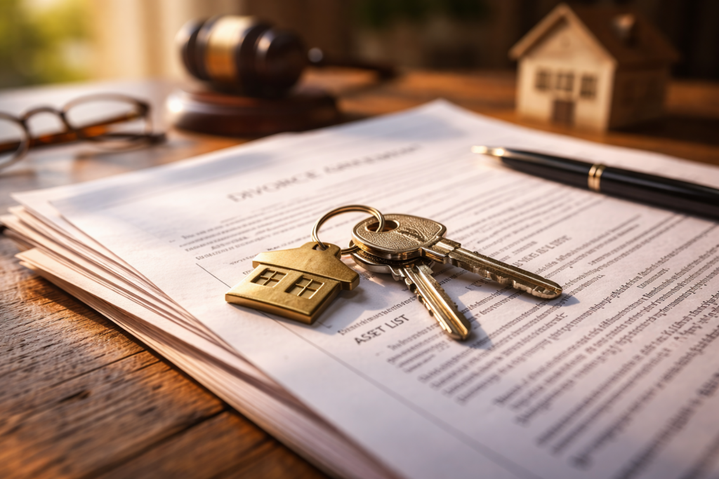 A house key lies on a stack of legal documents on a wooden table, symbolizing the important decisions regarding property division during divorce proceedings in a community property state like Texas. The documents may include details about marital property and assets acquired during the marriage, highlighting the need for experienced family law attorneys to navigate the complexities of the divorce process.