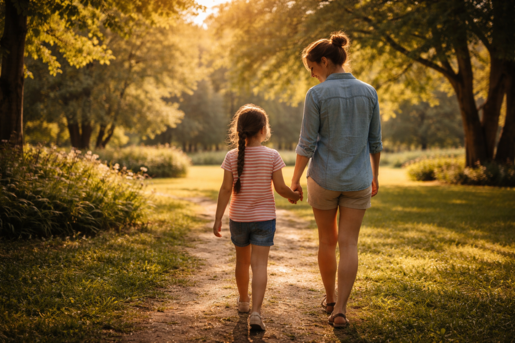 A parent and child walking hand in hand along a sunlit park path, symbolizing a nurturing parent-child relationship and child well-being during custody arrangements
