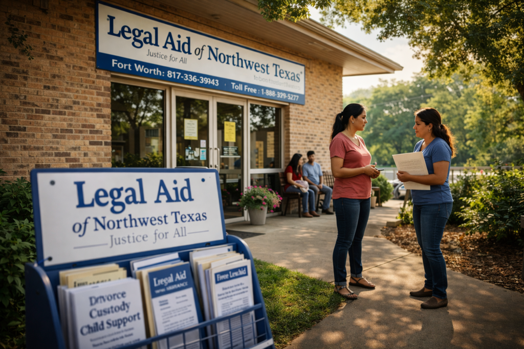 Exterior of a Texas legal aid office with families and staff outside, representing access to affordable legal services for child custody and family law matters