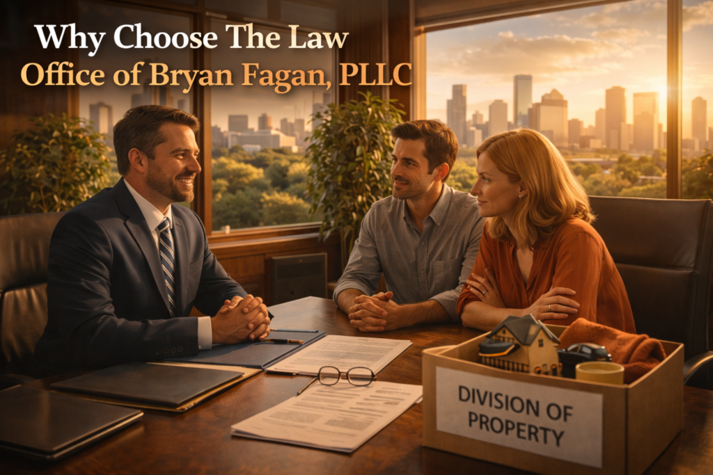 A Houston family law attorney meets with a couple in a sunlit office, discussing property division with calm guidance and the city skyline visible in the background.