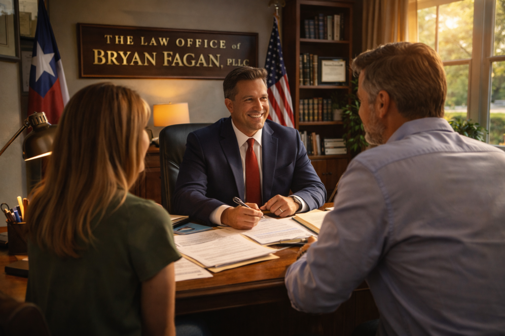 A Texas family law attorney meeting with a couple in a professional office, providing guidance on spousal support and divorce options