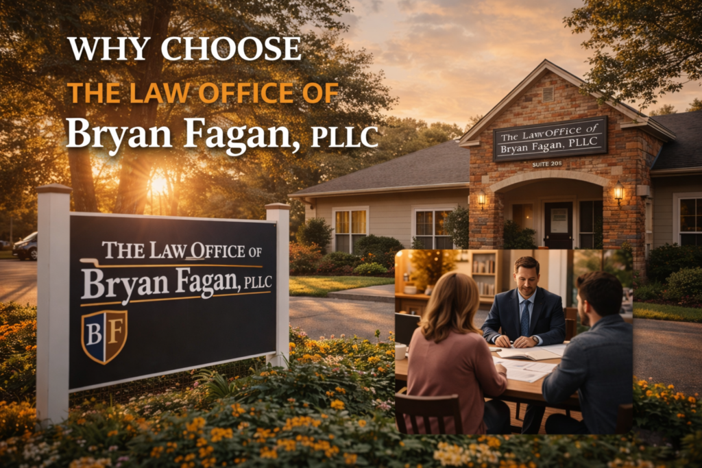 Exterior of The Law Office of Bryan Fagan, PLLC in Houston during a summer evening, with a welcoming law office sign and an attorney meeting with clients inside.
