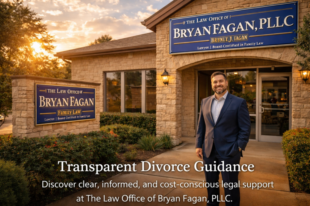 Attorney standing outside a Texas family law office with welcoming entrance, highlighting transparent and compassionate divorce guidance
