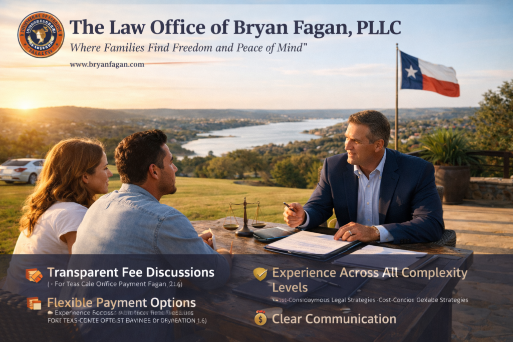 Wide-angle, photo-realistic image of a couple meeting with attorneys in a bright Texas law office, representing flexible divorce payment plans and transparent legal guidance.
