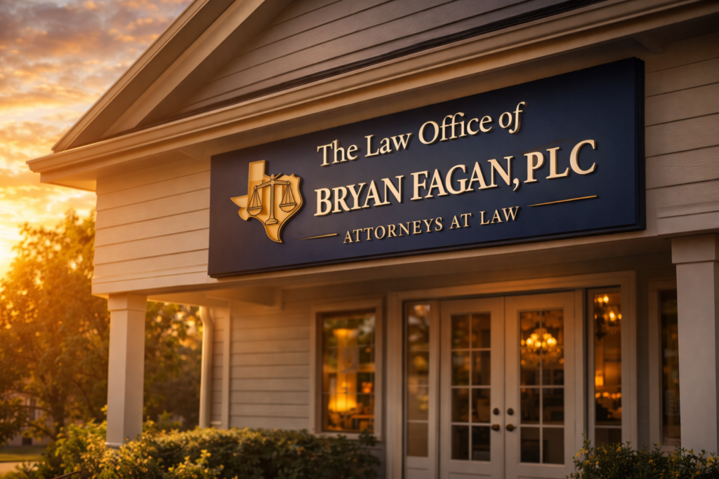 Exterior of The Law Office of Bryan Fagan, PLLC in Texas, featuring the firm’s signage on a traditional office building illuminated by warm evening sunlight.
