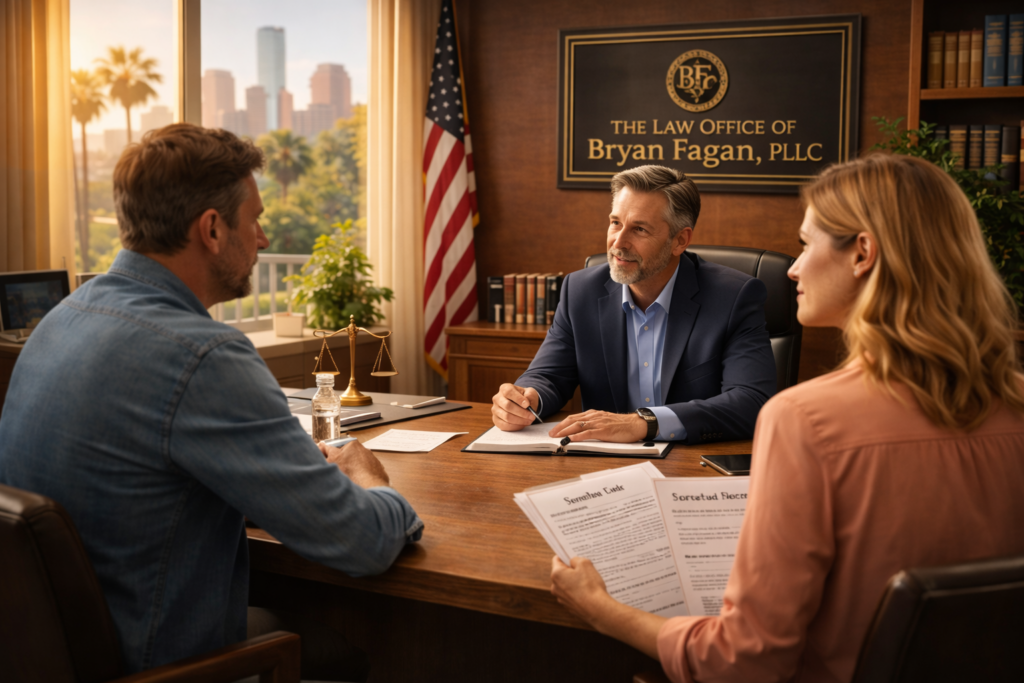 An experienced Texas family law attorney meets with a couple in a sunlit Houston office, offering guidance on spousal support modification.