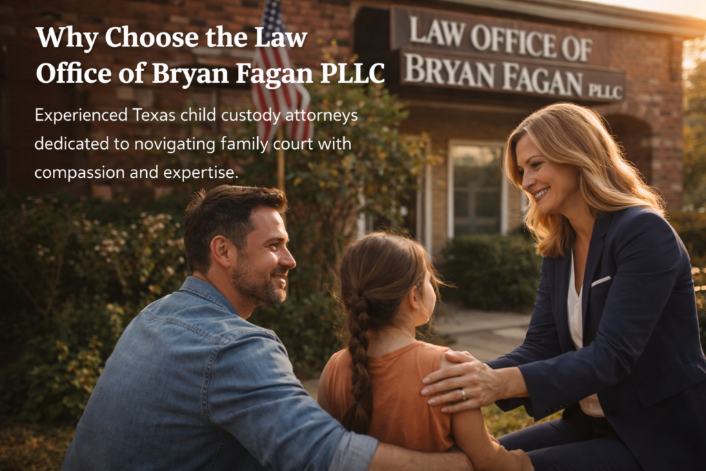 A Texas family law attorney speaking compassionately with a parent and child outside a law office, representing trusted guidance and child-focused custody advocacy