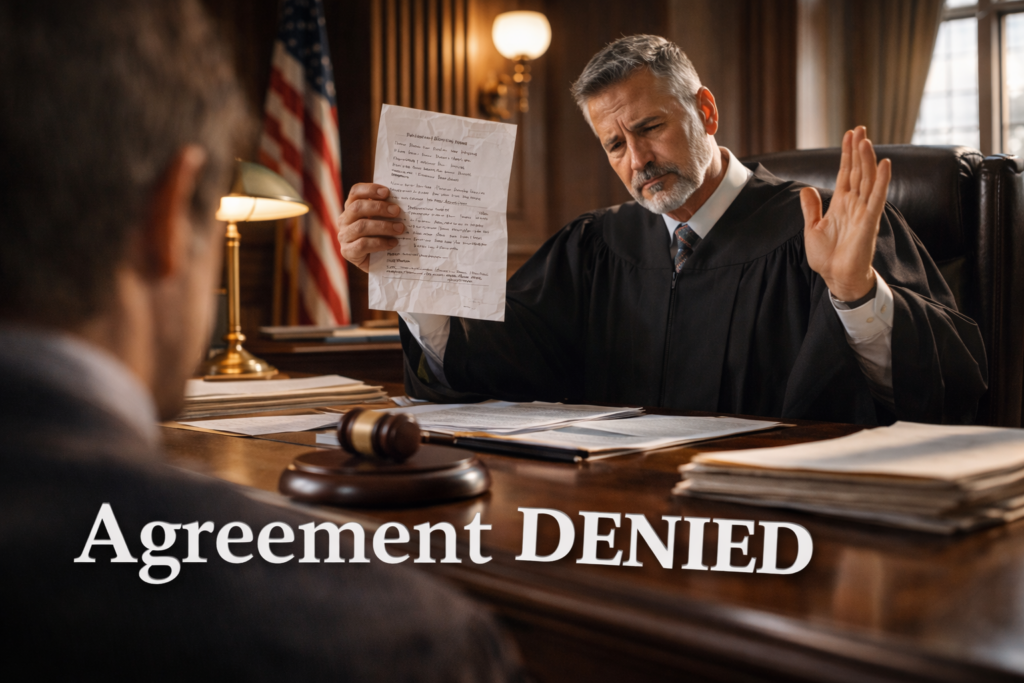 Judge in a Texas courtroom rejecting a handwritten divorce agreement, holding the paper while signaling it is not legally enforceable