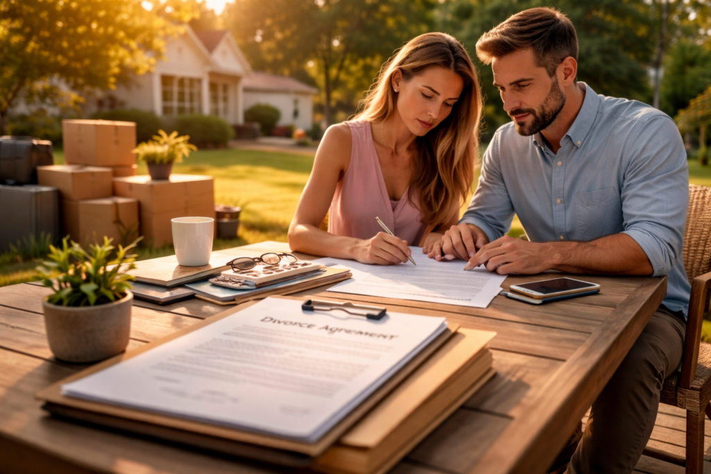 A Texas couple reviews divorce paperwork together at an outdoor table on a summer afternoon, illustrating why a Divorce Agreement Checklist Texas helps prevent costly legal mistakes.