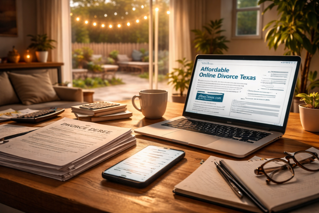A sunlit home office with a laptop displaying affordable online divorce options in Texas, paperwork and a smartphone on a wooden desk