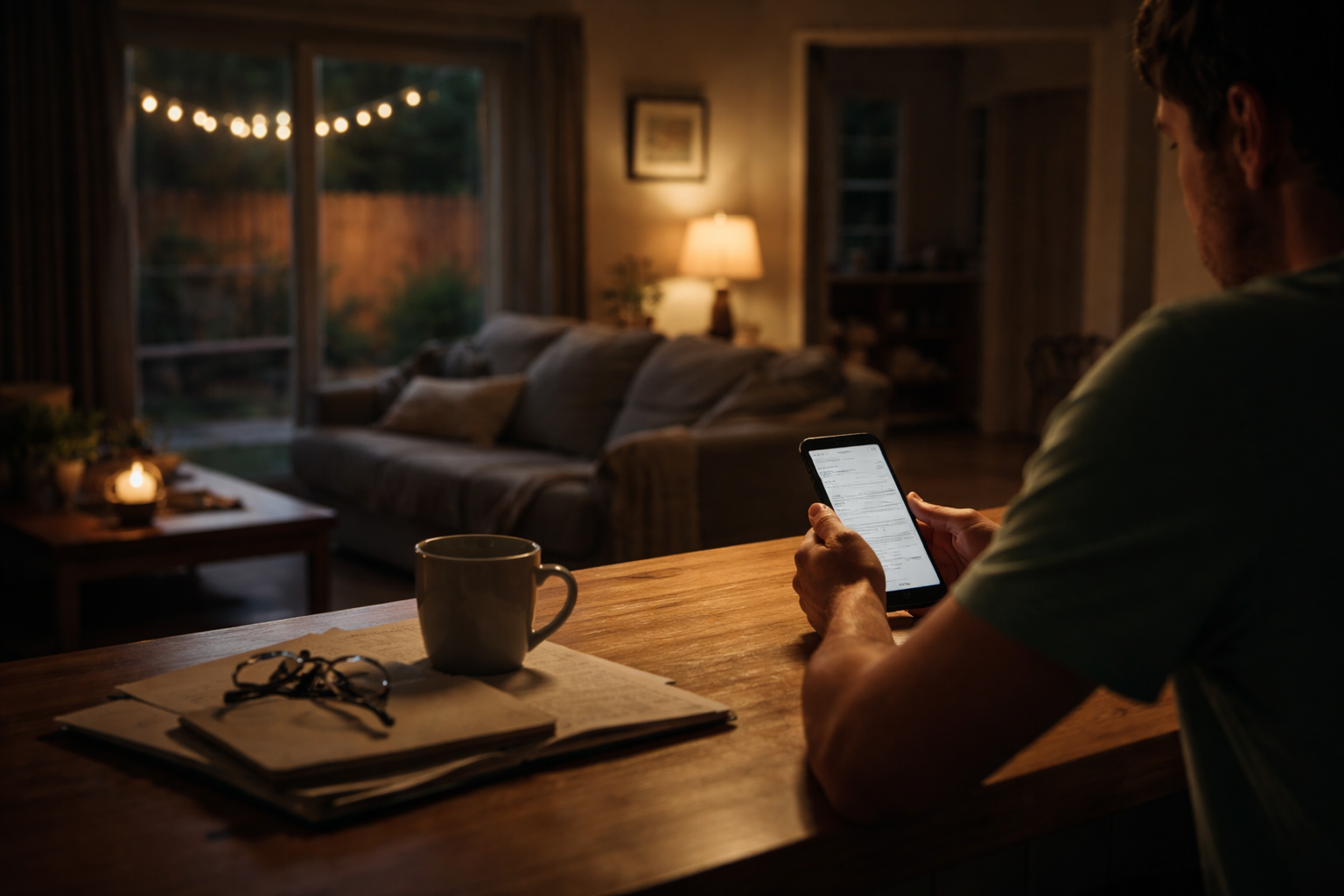 A parent sitting alone late at night, quietly researching affordable online divorce options in Texas on a smartphone at home