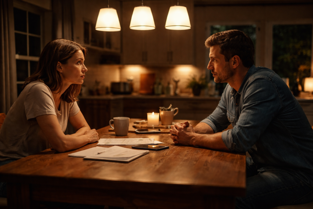 Married couple sitting at kitchen table late at night discussing divorce paperwork in Texas home