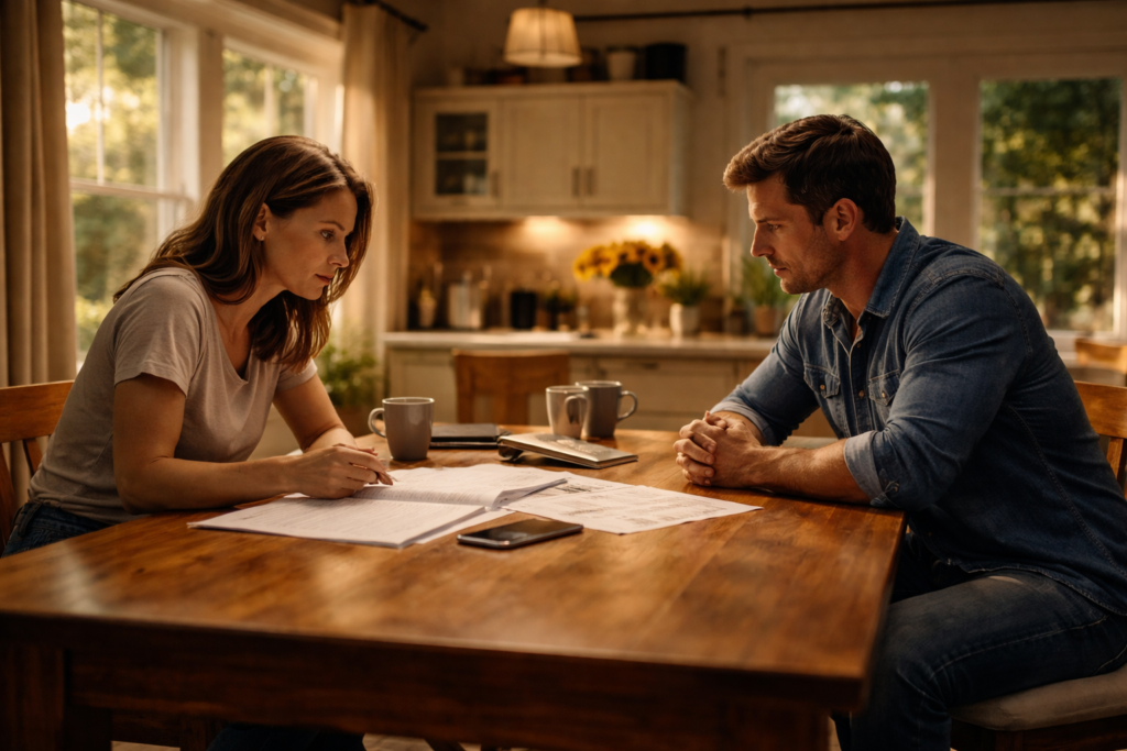 Wide-angle, sunlit kitchen scene of a couple sitting across from each other at a wooden table reviewing divorce papers during a serious discussion about timeline and next steps in Texas.