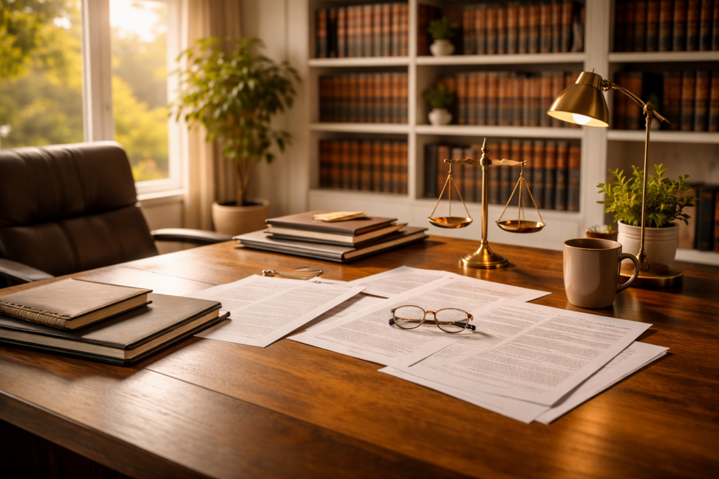 The image depicts a professional office setting with a neatly organized desk covered in legal papers and surrounded by shelves filled with legal books, suggesting an environment focused on family law, including matters like divorce in Texas and child custody. The atmosphere conveys a sense of legal guidance, ideal for clients seeking assistance with divorce proceedings and related issues.