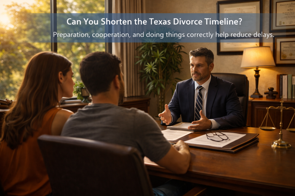 Wide-angle cinematic image of a Texas family law attorney meeting with a couple in a sunlit office, discussing ways to streamline the divorce timeline through preparation and cooperation