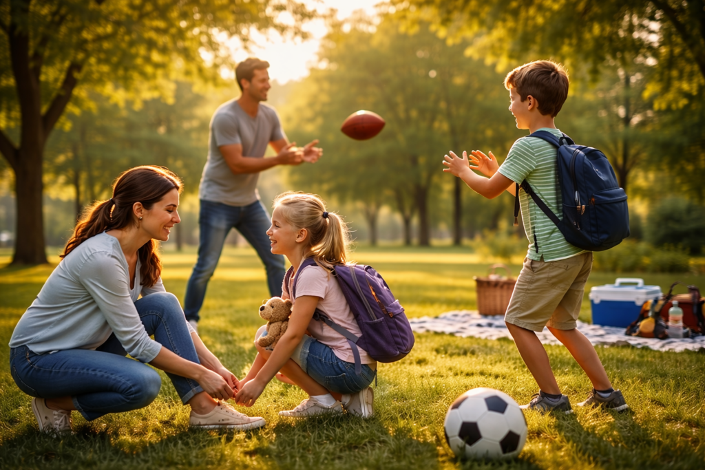 Wide-angle photo of two parents and their children enjoying summer time together in a sunlit park, representing child custody and co-parenting in Texas