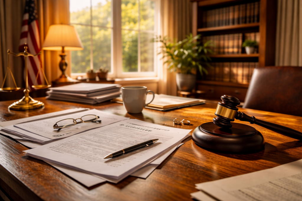 Wide-angle, sunlit judge’s chambers with divorce decree paperwork, gavel, wedding rings, and coffee on a wooden desk, symbolizing Texas divorce timelines and legal process.