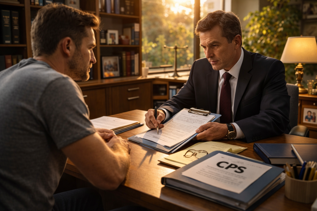 The image depicts a parent sitting across from a legal professional in an office, both reviewing important documents related to a child protective services case. The atmosphere suggests a serious discussion about the child's safety and legal representation in the context of suspected child abuse and the investigation process.