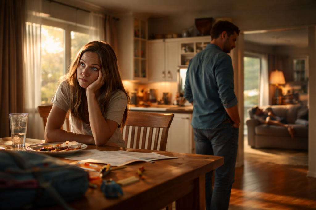 Couple sitting apart at dinner in tense home during Contested Divorce in Texas