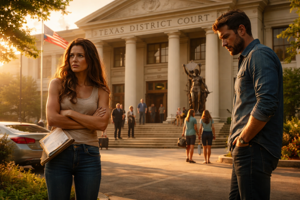Wide-angle cinematic photo of a tense couple standing apart outside a Texas courthouse at sunset, symbolizing a contested divorce in Texas and formal litigation proceedings.