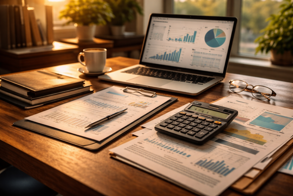The image depicts a professional office desk featuring financial documents, a calculator, and a laptop displaying data analysis, which may be relevant for individuals navigating the divorce process, including contested divorce and child custody issues in Texas. The organized workspace suggests a focus on legal matters, possibly involving a family law attorney assisting clients with property division and spousal support.