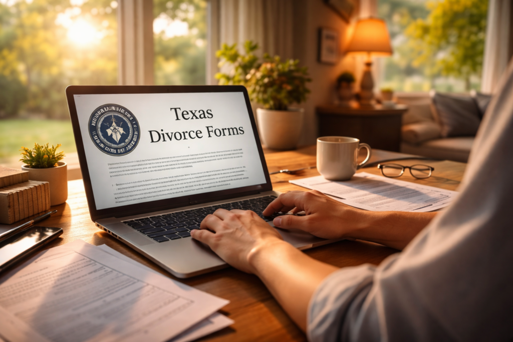 A wide-angle, sunlit Texas home office where a person types on a laptop at a wooden desk, reviewing divorce paperwork in a calm, reflective moment.
