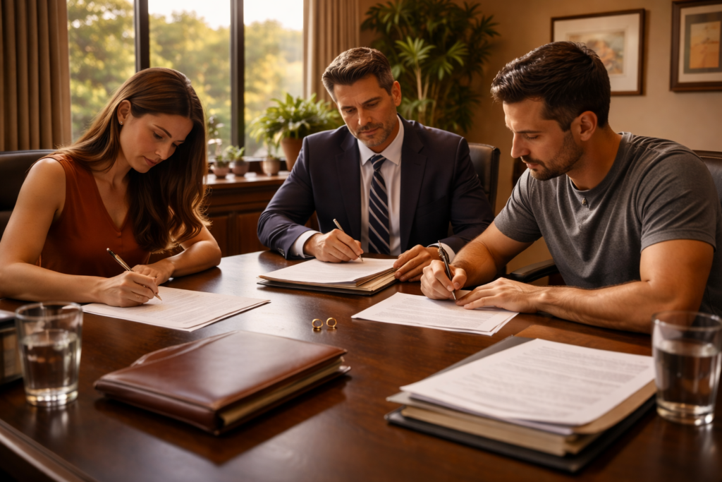 Wide-angle cinematic image of a couple signing a final divorce decree at a conference table with their attorney in a sunlit office, symbolizing the official completion of the Texas divorce process