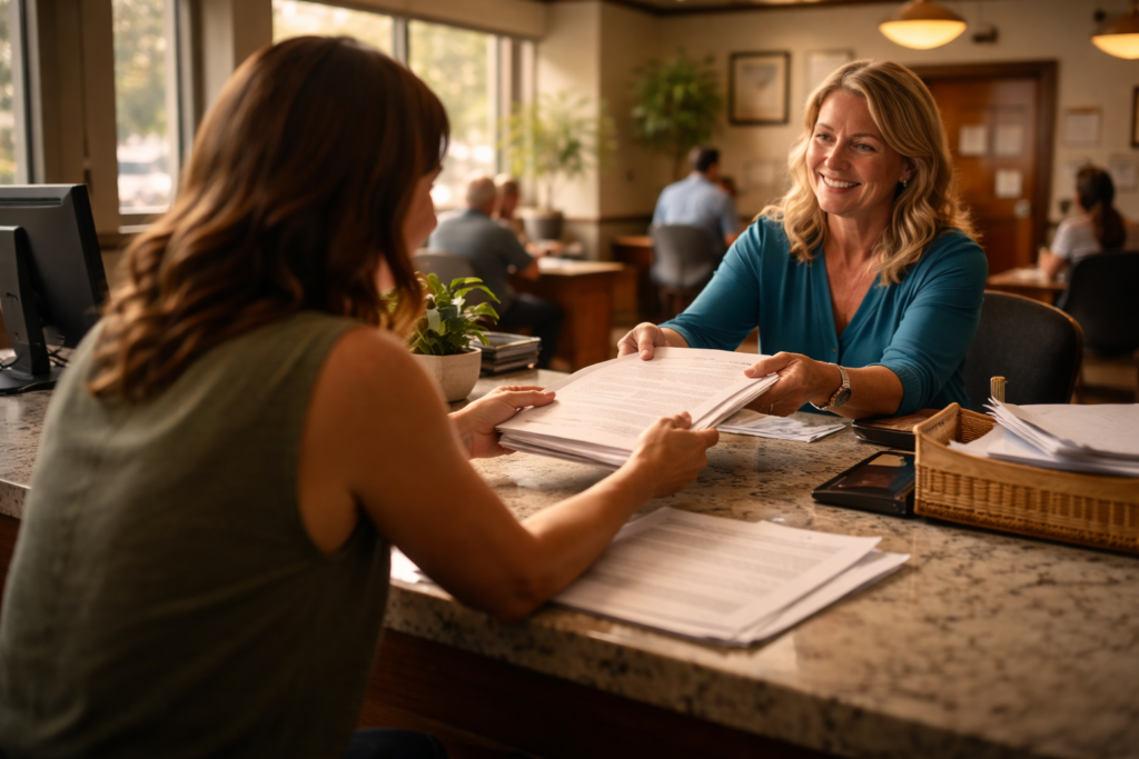 Woman filing Texas divorce paperwork at district clerk’s office counter in bright summer light