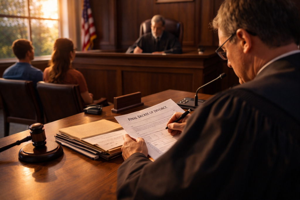 Cinematic wide-angle image of a judge signing a Final Decree of Divorce in a bright Texas courtroom while a couple sits before the bench during a prove-up hearing