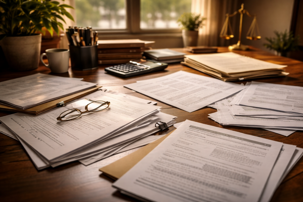 The image shows a cluttered desk covered with legal documents, including property descriptions and financial paperwork, likely related to divorce forms and child support. Various forms are spread out, indicating a situation involving an attorney and court proceedings.