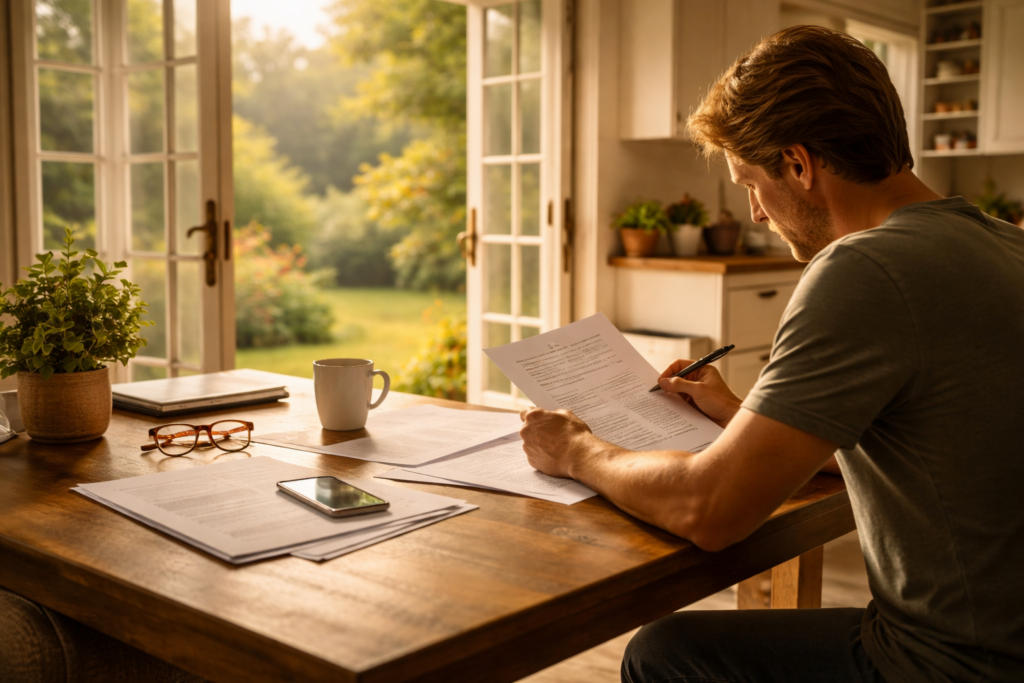 A calm individual is seated at a kitchen table, reviewing documents in the soft, natural light of the morning. This scene evokes a sense of tranquility, possibly reflecting on important aspects of their divorce process under Texas law, such as child custody or property division.