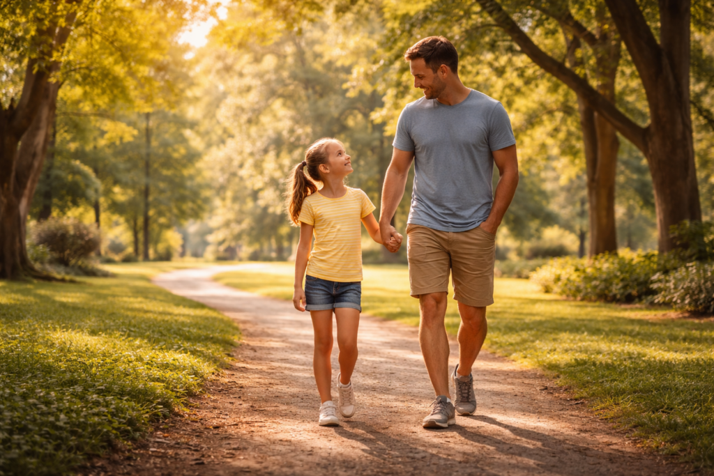 A parent and child stroll together through a lush park, enjoying the fresh air and greenery. This image captures a warm moment of connection, reflecting the importance of child custody arrangements in family law, especially during challenging times such as divorce in Texas.