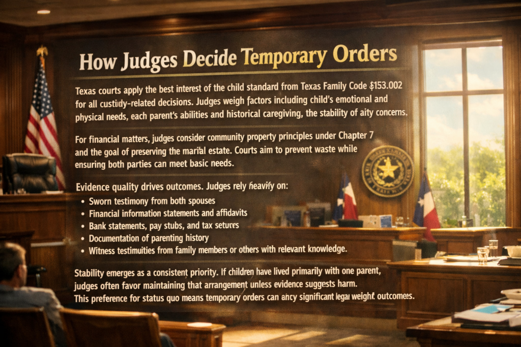 Wide-angle, photo-realistic image of a Texas courtroom bathed in warm summer sunlight streaming through tall windows. In the foreground, a large presentation slide titled “How Judges Decide Temporary Orders” appears prominently, outlining factors courts consider in custody and financial decisions. The judge’s bench sits beneath the Texas state seal, with the American and Texas flags displayed behind it, creating a cinematic, golden-hour atmosphere.