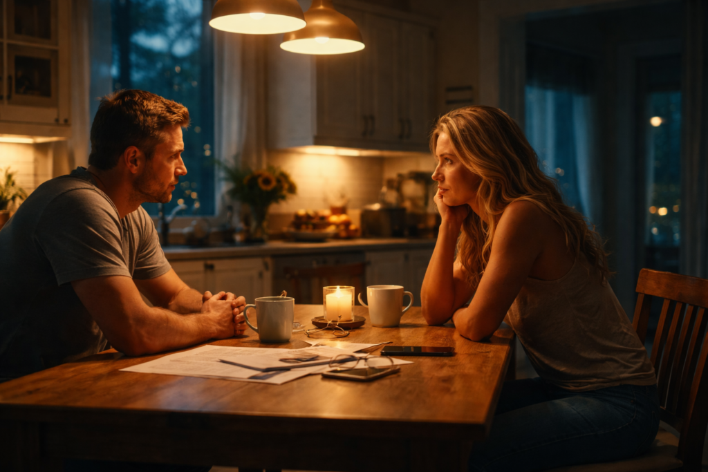 Married couple sitting quietly at kitchen table at night discussing divorce in Texas