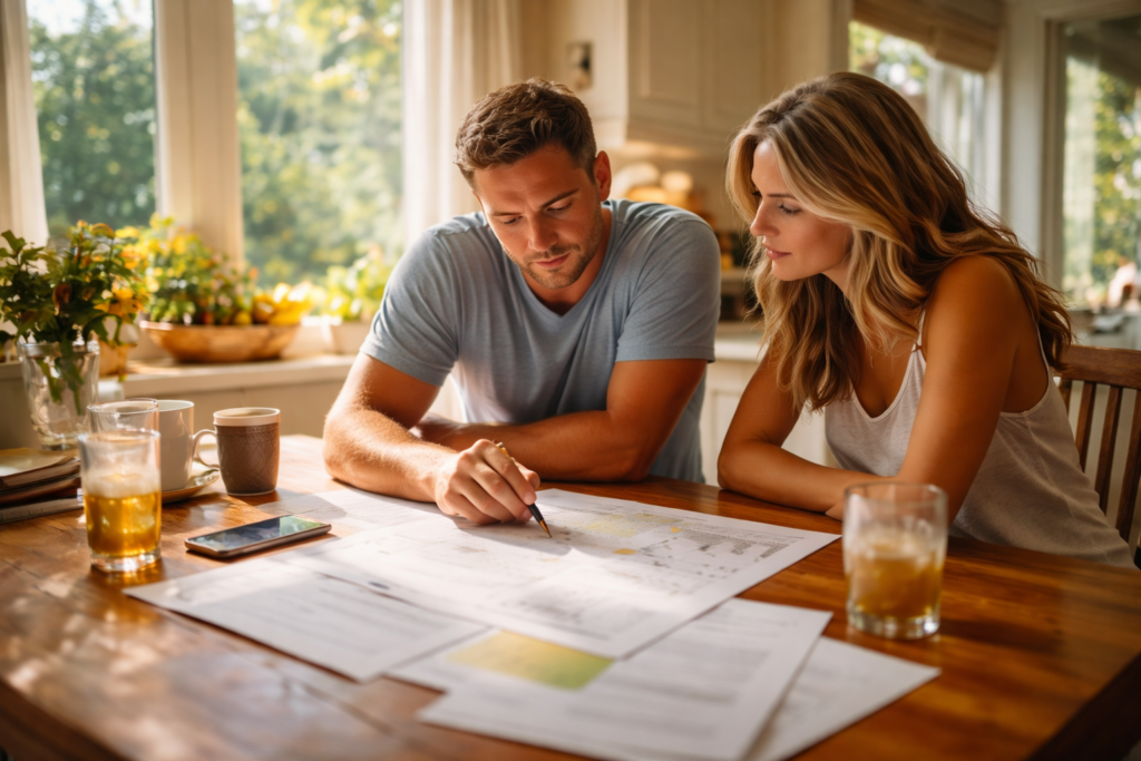 Married couple reviewing divorce paperwork at sunlit kitchen table during summer afternoon