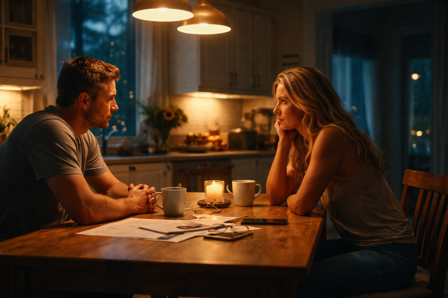 Married couple sitting quietly at kitchen table at night discussing divorce in Texas