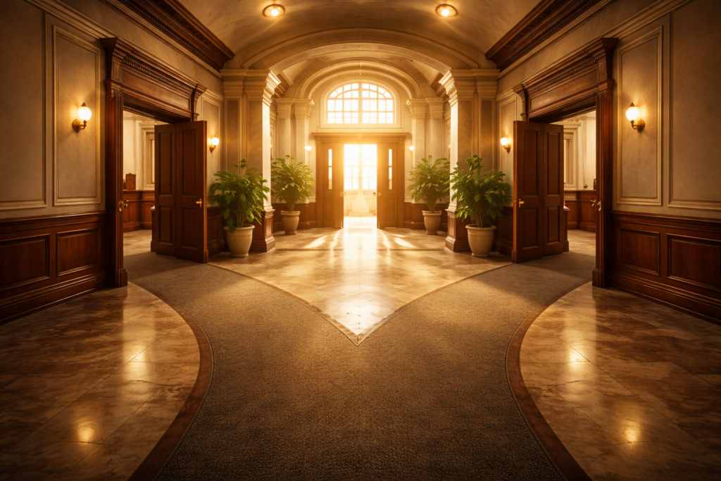 The image depicts a courthouse hallway with two diverging paths, symbolizing the choices individuals face in the divorce process. This visual metaphor highlights the complexities of family law, including issues like child custody arrangements and property division in Texas.