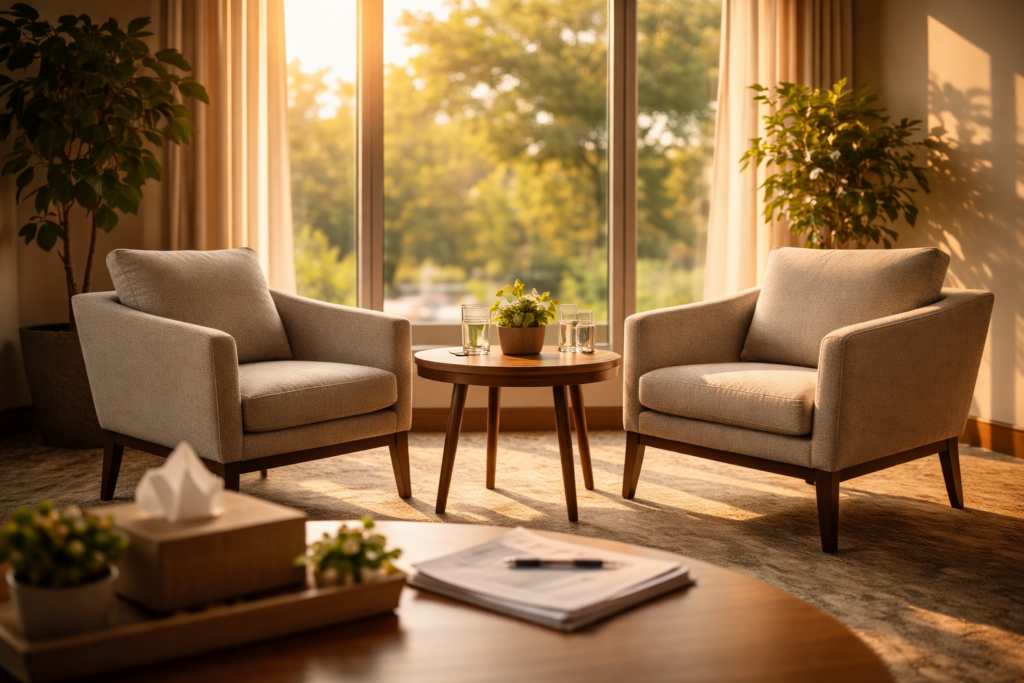 The image depicts a serene conference room with two chairs positioned facing each other, symbolizing a peaceful negotiation environment, ideal for discussing key issues related to divorce proceedings, such as child custody arrangements and property division under Texas law. The calming atmosphere suggests a focus on mediation and the possibility of an uncontested divorce, allowing spouses to reach a complete agreement amicably.