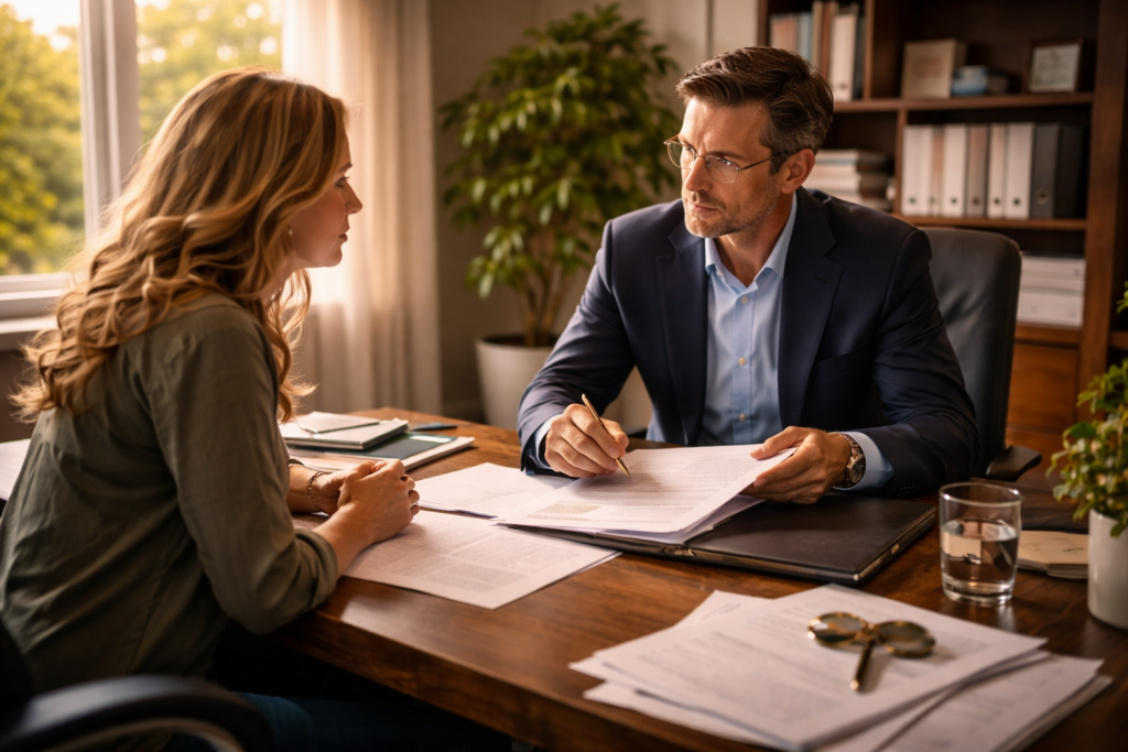 In a professional office setting, a family law attorney is engaged in a detailed discussion with a client, reviewing important documents related to their divorce process, which may include the divorce petition and child custody arrangements. The atmosphere reflects a focus on legal guidance and the complexities of divorce in Texas, emphasizing the importance of legal representation during these proceedings.