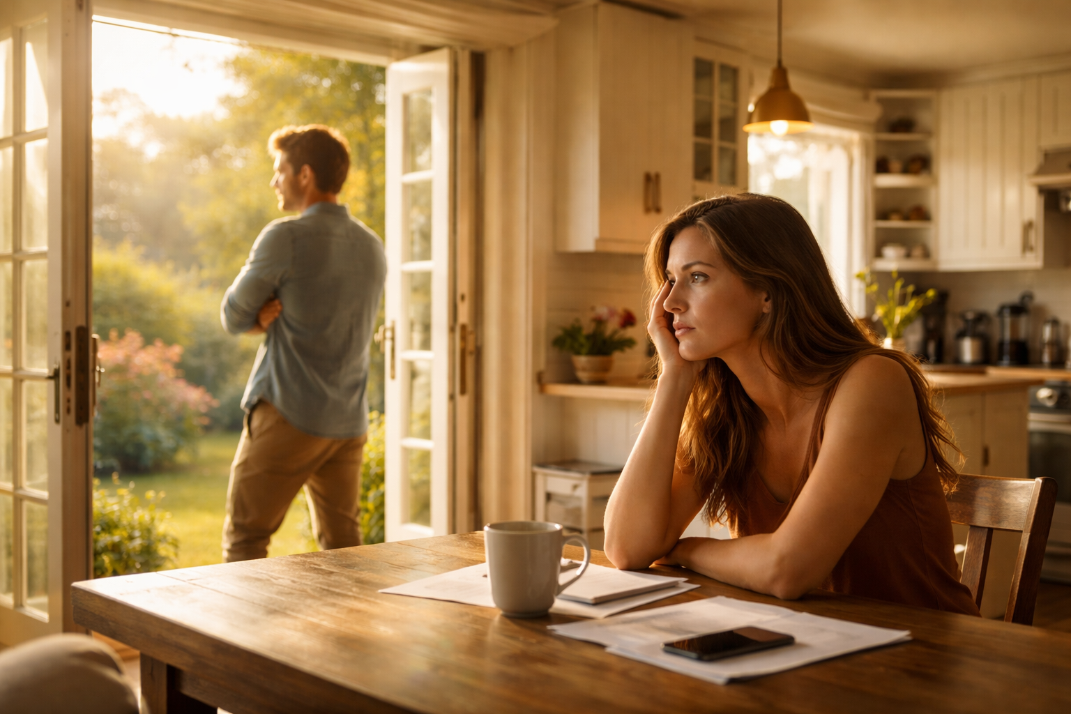 Husband and wife sitting apart in a sunlit Texas kitchen during marital tension, reflecting quiet realization before divorce discussion