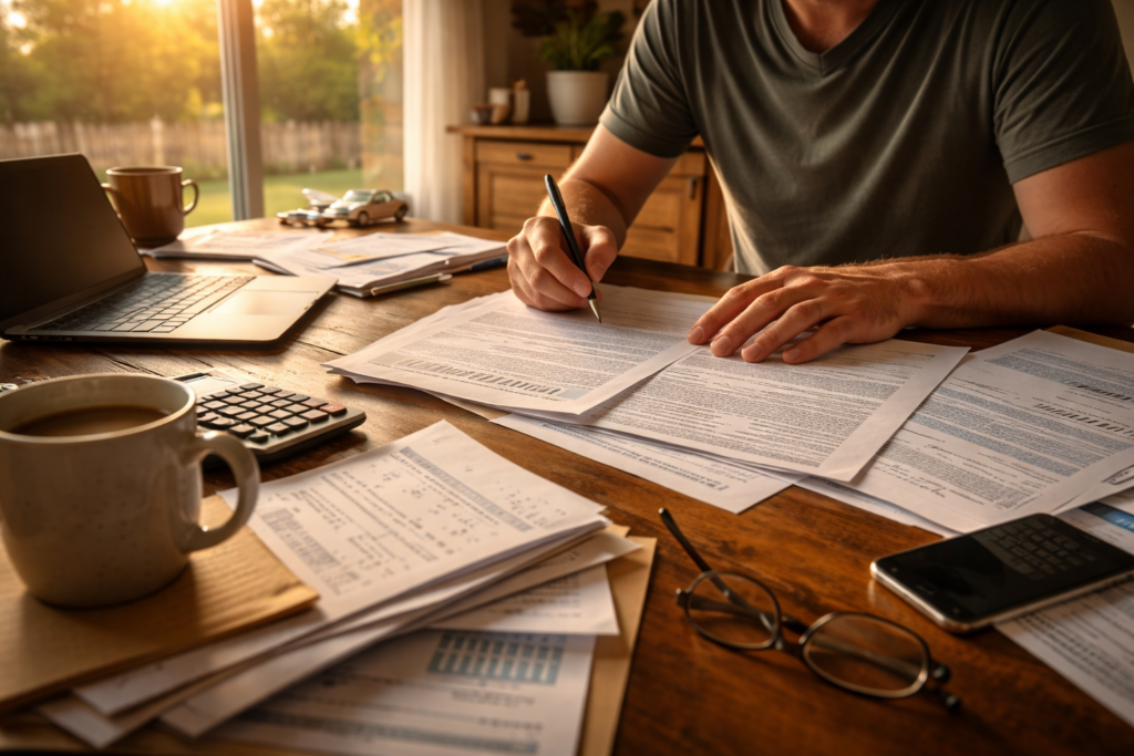 A person is seated at a kitchen table, reviewing various legal documents, including divorce papers and court forms, with bills and paperwork scattered around. The scene suggests a focus on navigating family law, possibly involving children, as they prepare for an upcoming hearing or to file for divorce in Texas.
