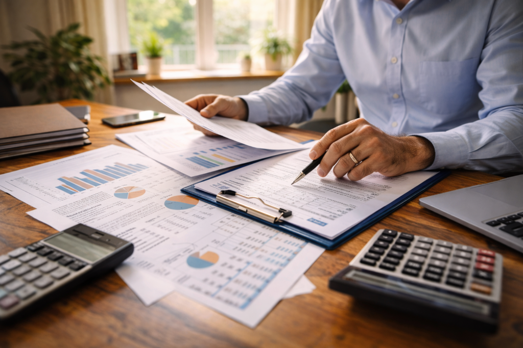 A professional is seated at a desk, intently reviewing financial documents surrounded by charts and calculators, highlighting the meticulous work involved in the divorce process. This scene reflects the importance of legal guidance and mediation in Texas divorce cases, where neutral third-party mediators help parties reach mediated agreements while reducing conflict and prioritizing the best interests of children and families.