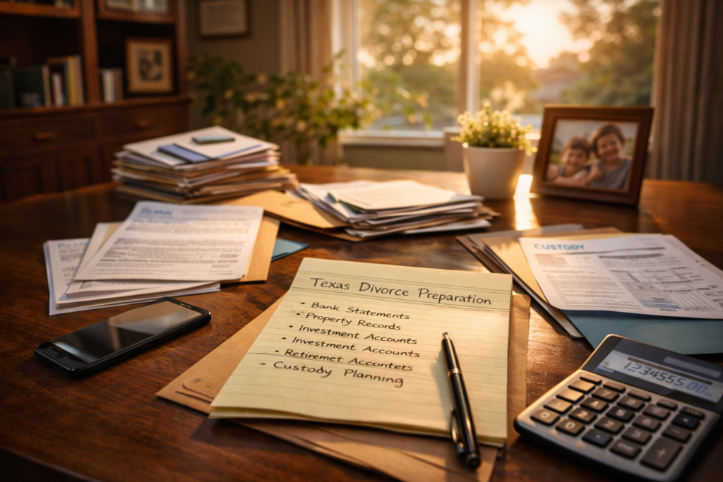 Cinematic wide-angle image of neatly organized financial records, custody forms, and a calculator on a desk in warm summer light symbolizing preparation for a Texas divorce