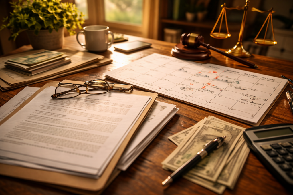 The image depicts an organized workspace featuring various legal documents, including a divorce petition, alongside a calendar that highlights important dates related to the divorce process, such as the 60-day waiting period required by Texas law. This setup suggests a focus on managing child custody arrangements and financial documents pertinent to divorce proceedings.