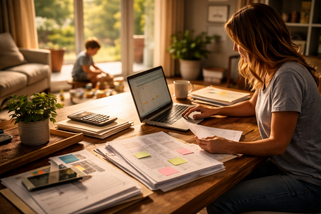 Parent organizing financial documents and reviewing plans at home during Texas divorce waiting period while child plays in background in summer light