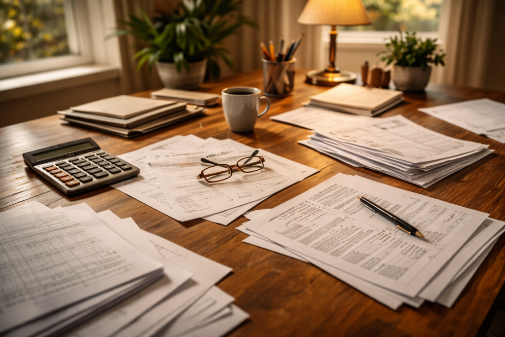 The image depicts a desktop workspace cluttered with financial documents, a calculator, and various papers related to the divorce process, such as divorce petitions and settlement agreements. This setup reflects the complexities involved in divorce cases, including property division and potential child custody arrangements under Texas law.