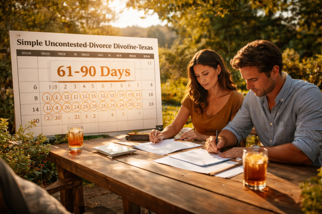 Couple signing divorce papers outdoors at a sunlit patio table with a calendar showing 61–90 days, representing the Texas uncontested divorce timeline.