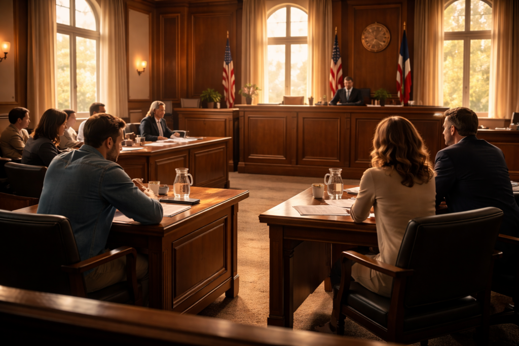 Wide-angle cinematic courtroom scene of a temporary orders hearing in Texas, with a judge presiding over attorneys and a couple seated at separate tables during divorce proceedings.